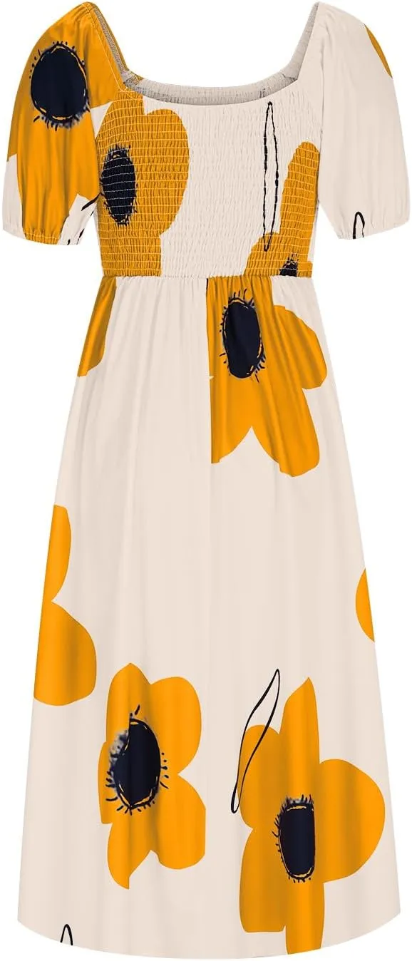 Women Off Shoulder A-Line Dresses Summer Cute Flower Print Puff Short Sleeve High Waist Dress Split Hem Midi Dress