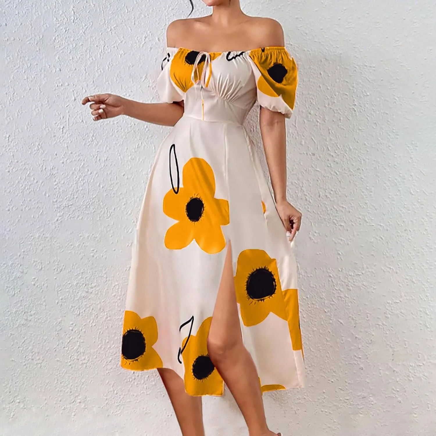 Women Off Shoulder A-Line Dresses Summer Cute Flower Print Puff Short Sleeve High Waist Dress Split Hem Midi Dress