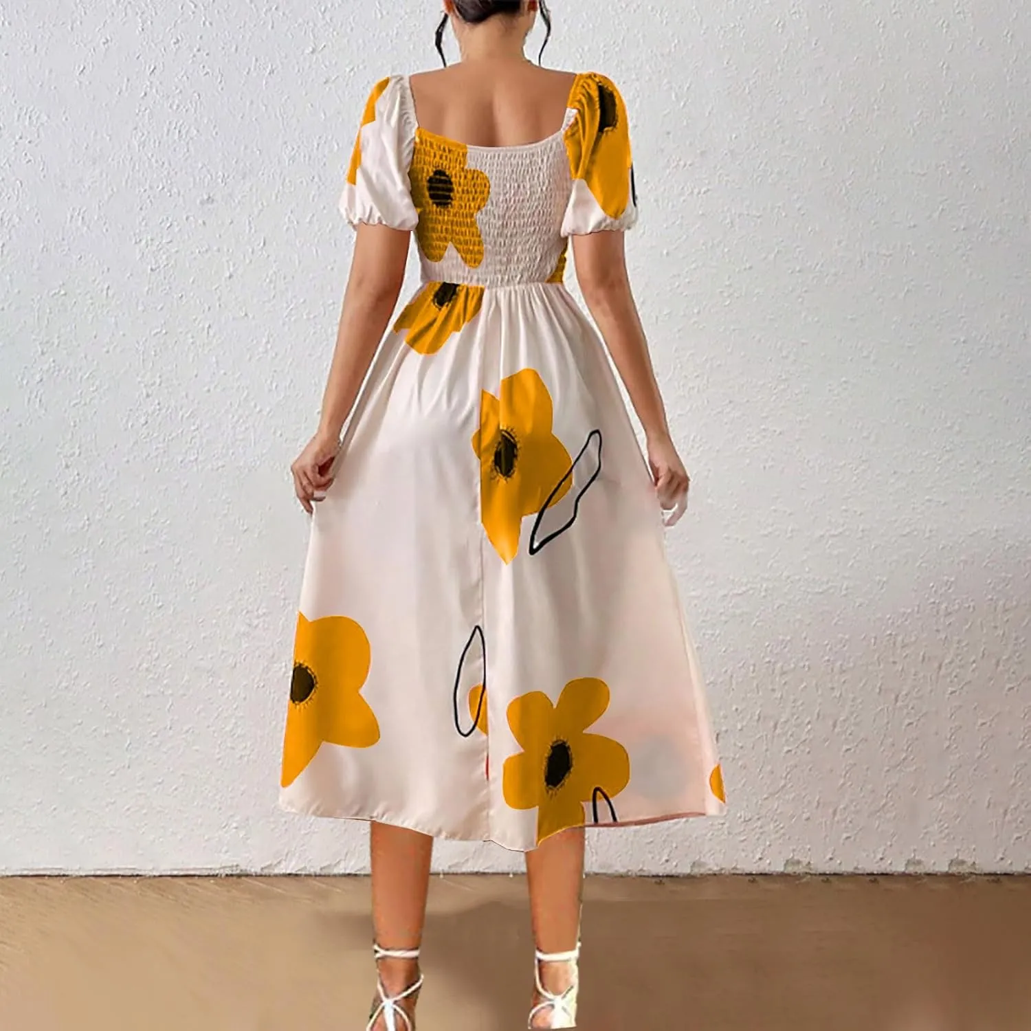 Women Off Shoulder A-Line Dresses Summer Cute Flower Print Puff Short Sleeve High Waist Dress Split Hem Midi Dress