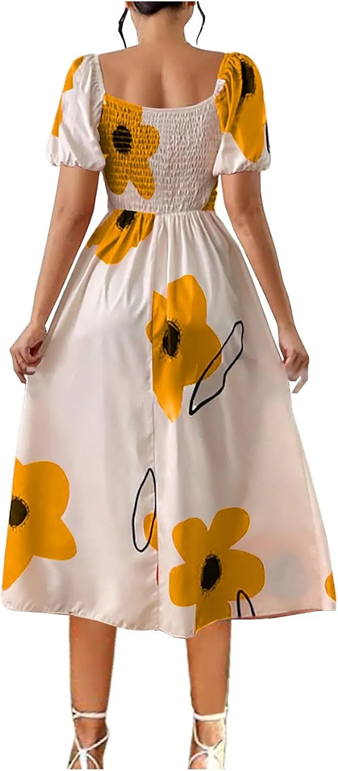 Women Off Shoulder A-Line Dresses Summer Cute Flower Print Puff Short Sleeve High Waist Dress Split Hem Midi Dress