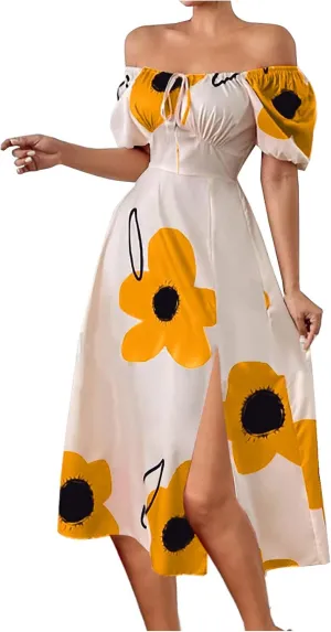 Women Off Shoulder A-Line Dresses Summer Cute Flower Print Puff Short Sleeve High Waist Dress Split Hem Midi Dress