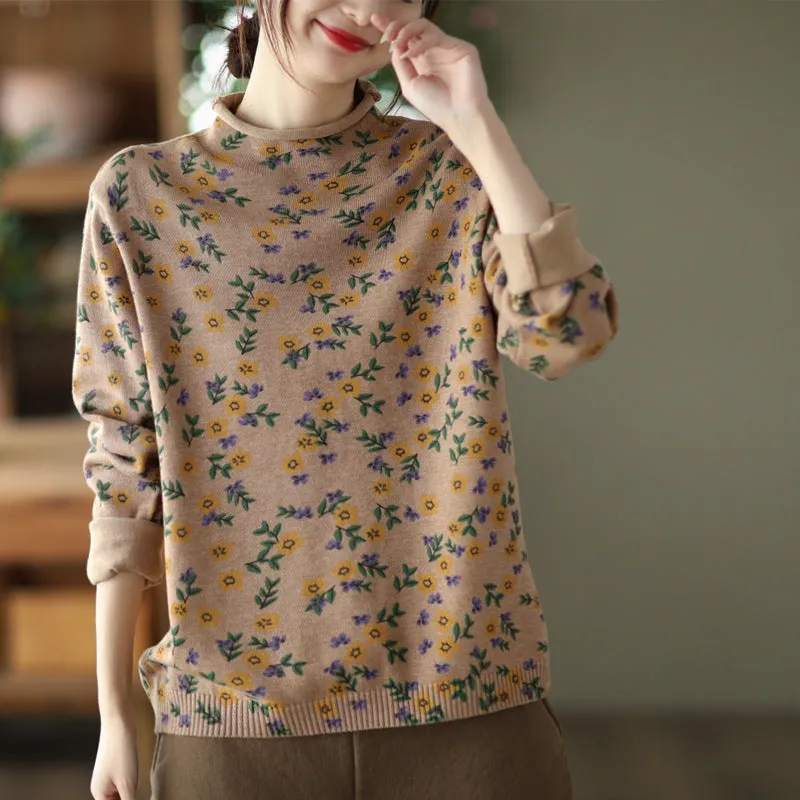 Women Retro Floral Turtleneck Knitted Sweater