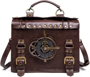 Women Retro Steampunk Messenger Bag Leather Handbag Men Clock Shape Shoulder Bag