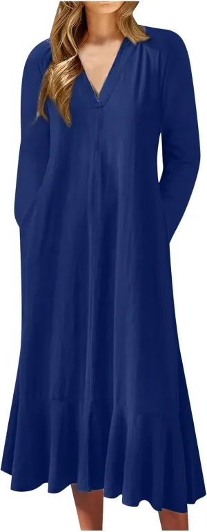 Women Ruffle Hem Kaftan Dress Long Sleeve V Neck Flowy Midi Dress Plus Size Fashion Bowtie Keyhole Back A-Line Dress