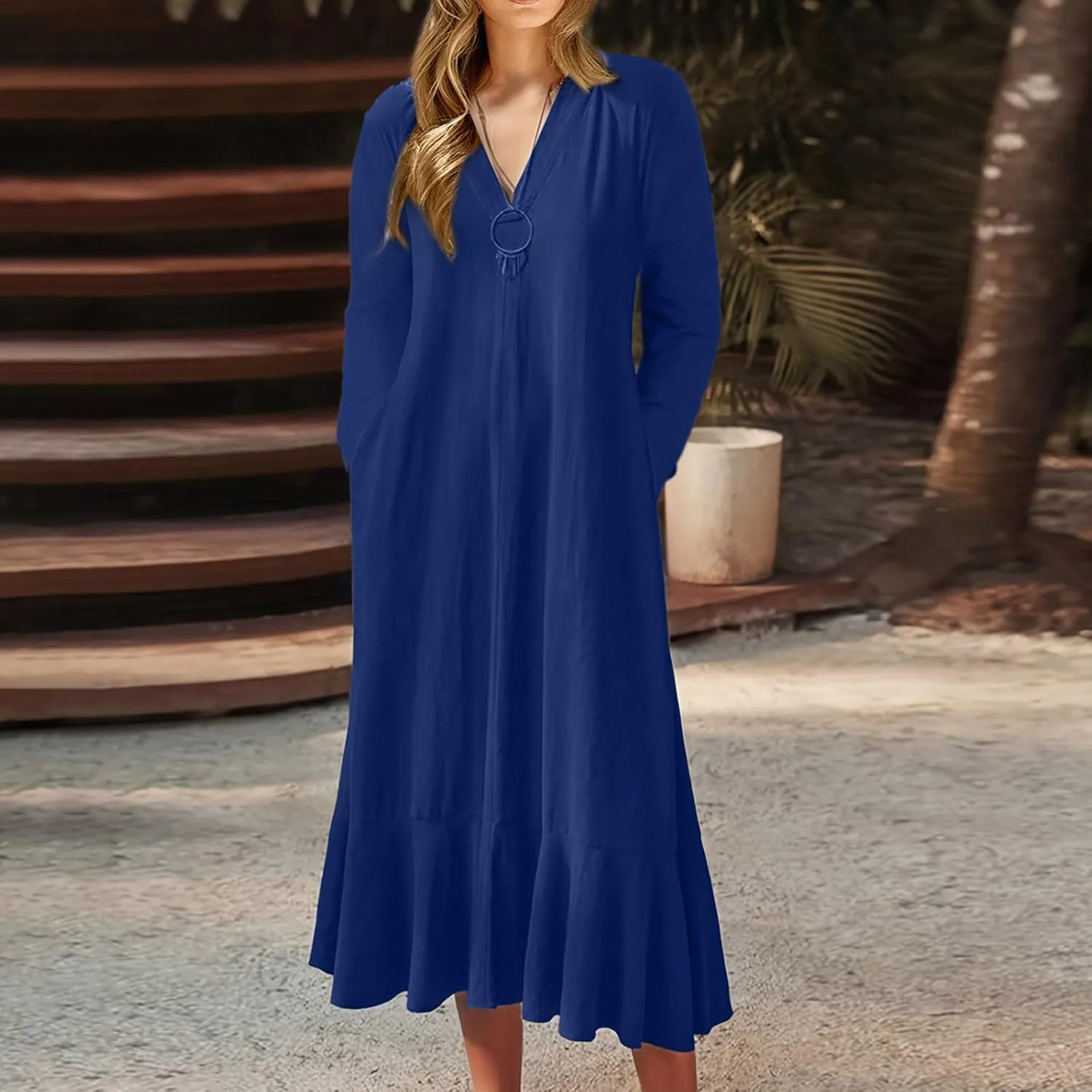 Women Ruffle Hem Kaftan Dress Long Sleeve V Neck Flowy Midi Dress Plus Size Fashion Bowtie Keyhole Back A-Line Dress