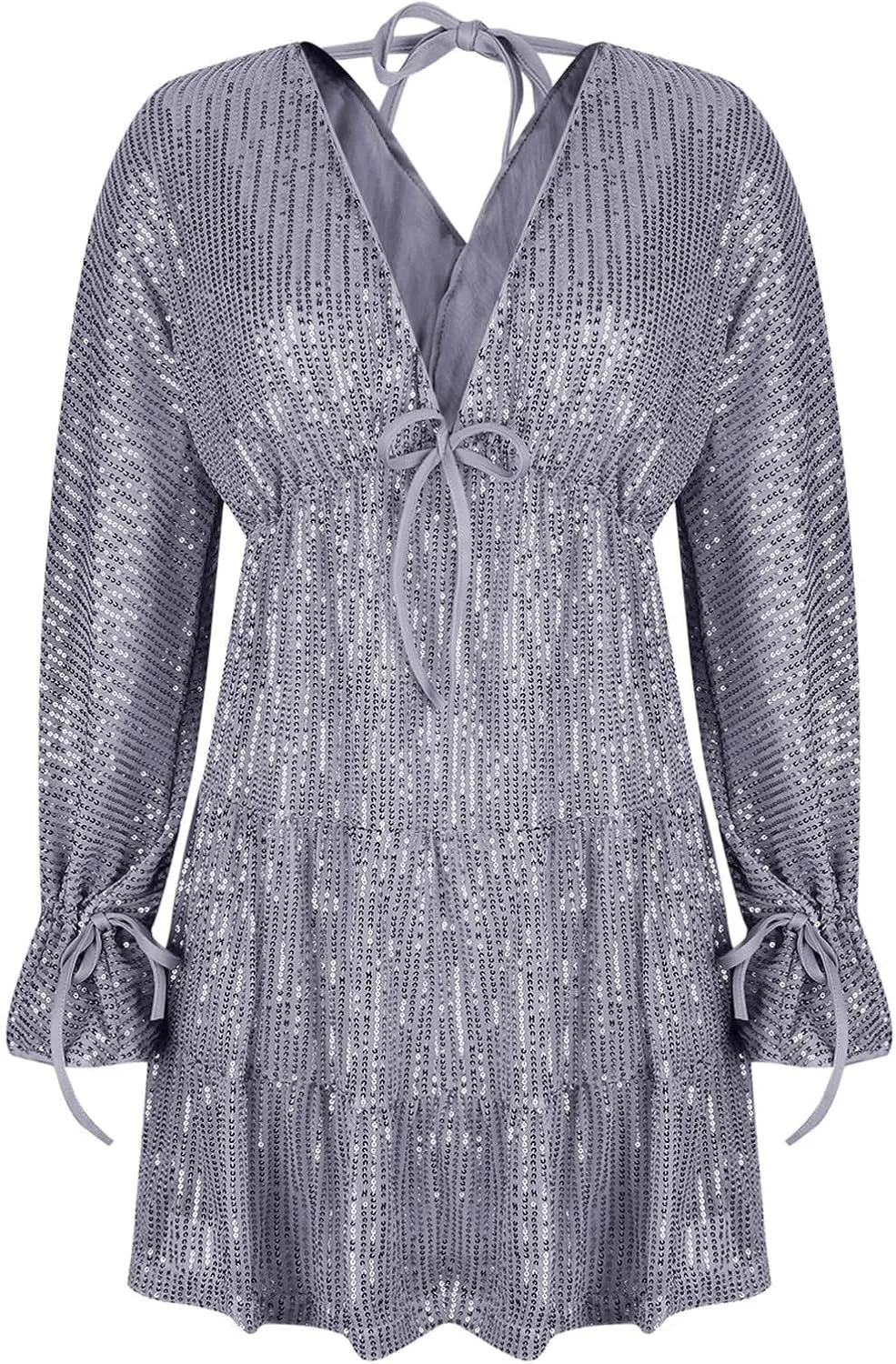 Women Sequin Babydoll Mini Dress Tiered Ruffle Sparkly Cocktail Dress Bowtie Lantern Long Sleeve V Neck Party Dress