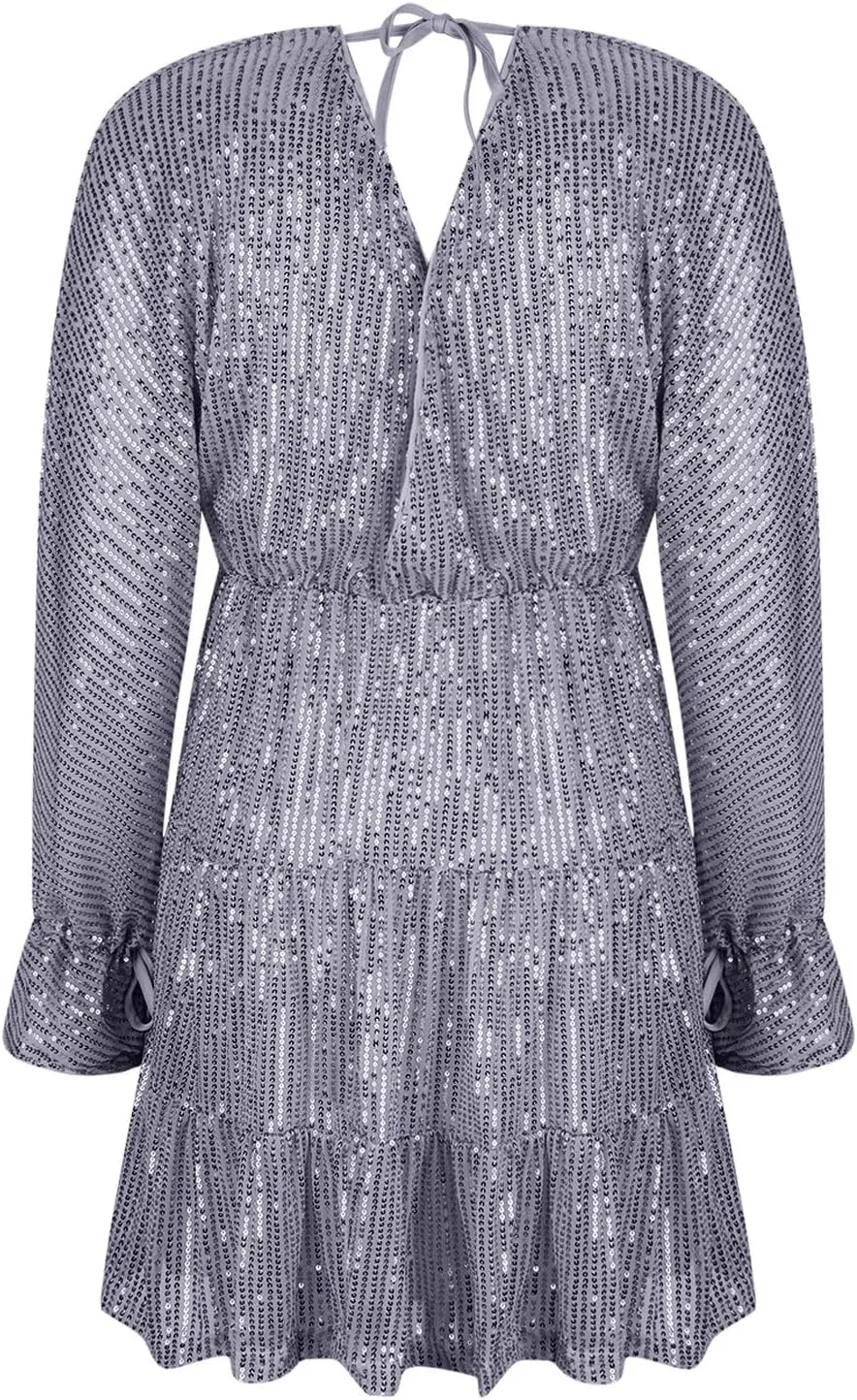 Women Sequin Babydoll Mini Dress Tiered Ruffle Sparkly Cocktail Dress Bowtie Lantern Long Sleeve V Neck Party Dress