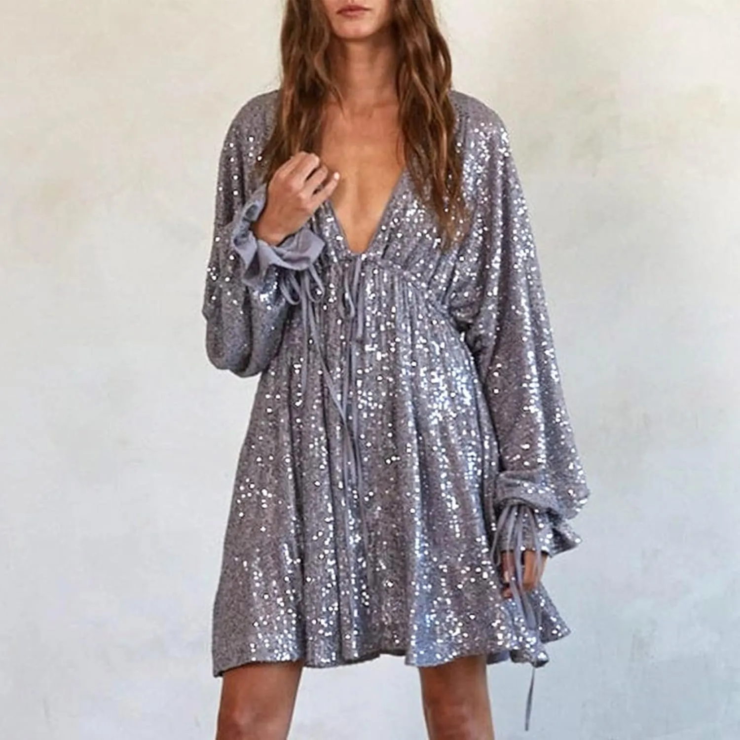 Women Sequin Babydoll Mini Dress Tiered Ruffle Sparkly Cocktail Dress Bowtie Lantern Long Sleeve V Neck Party Dress