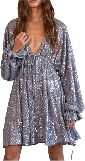 Women Sequin Babydoll Mini Dress Tiered Ruffle Sparkly Cocktail Dress Bowtie Lantern Long Sleeve V Neck Party Dress