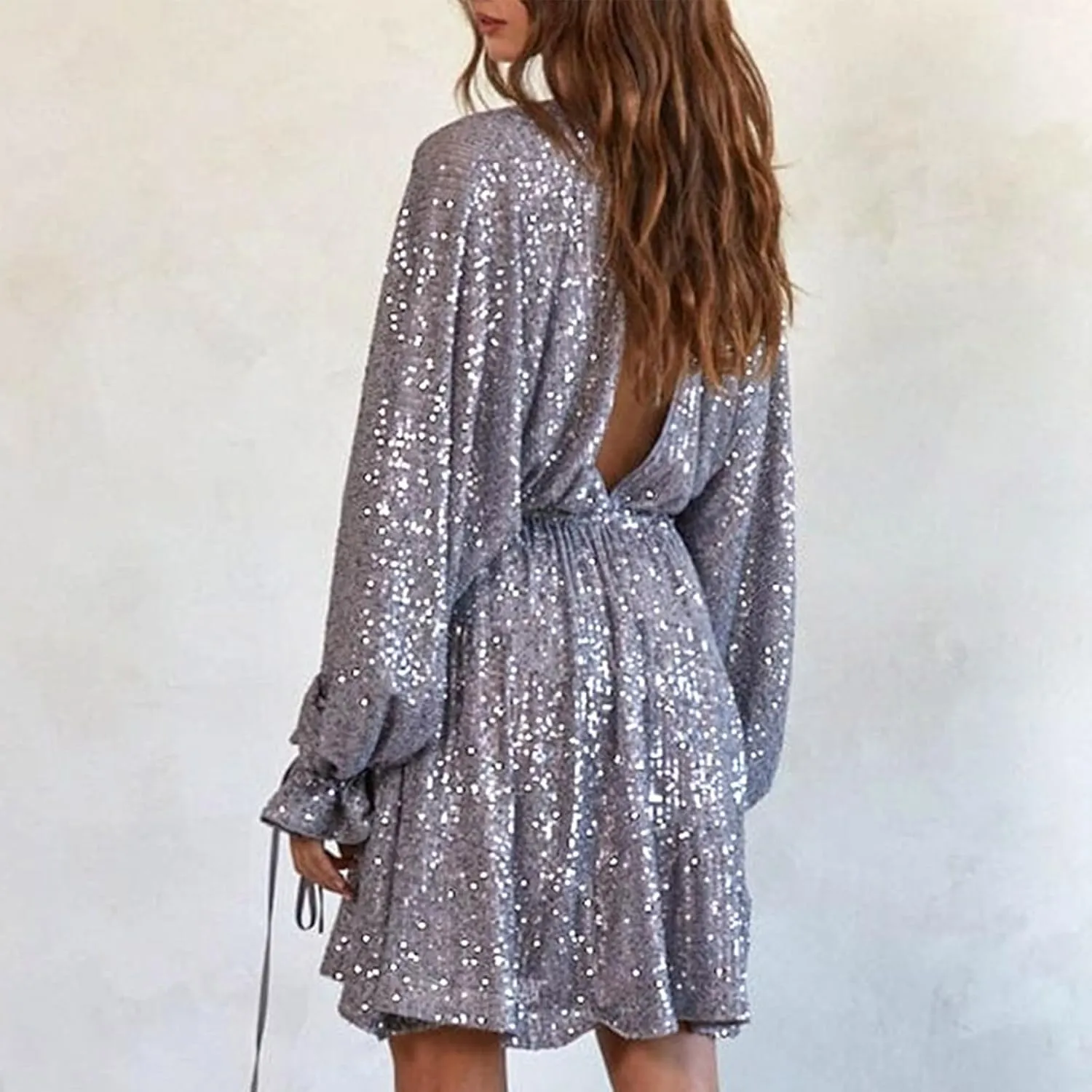 Women Sequin Babydoll Mini Dress Tiered Ruffle Sparkly Cocktail Dress Bowtie Lantern Long Sleeve V Neck Party Dress