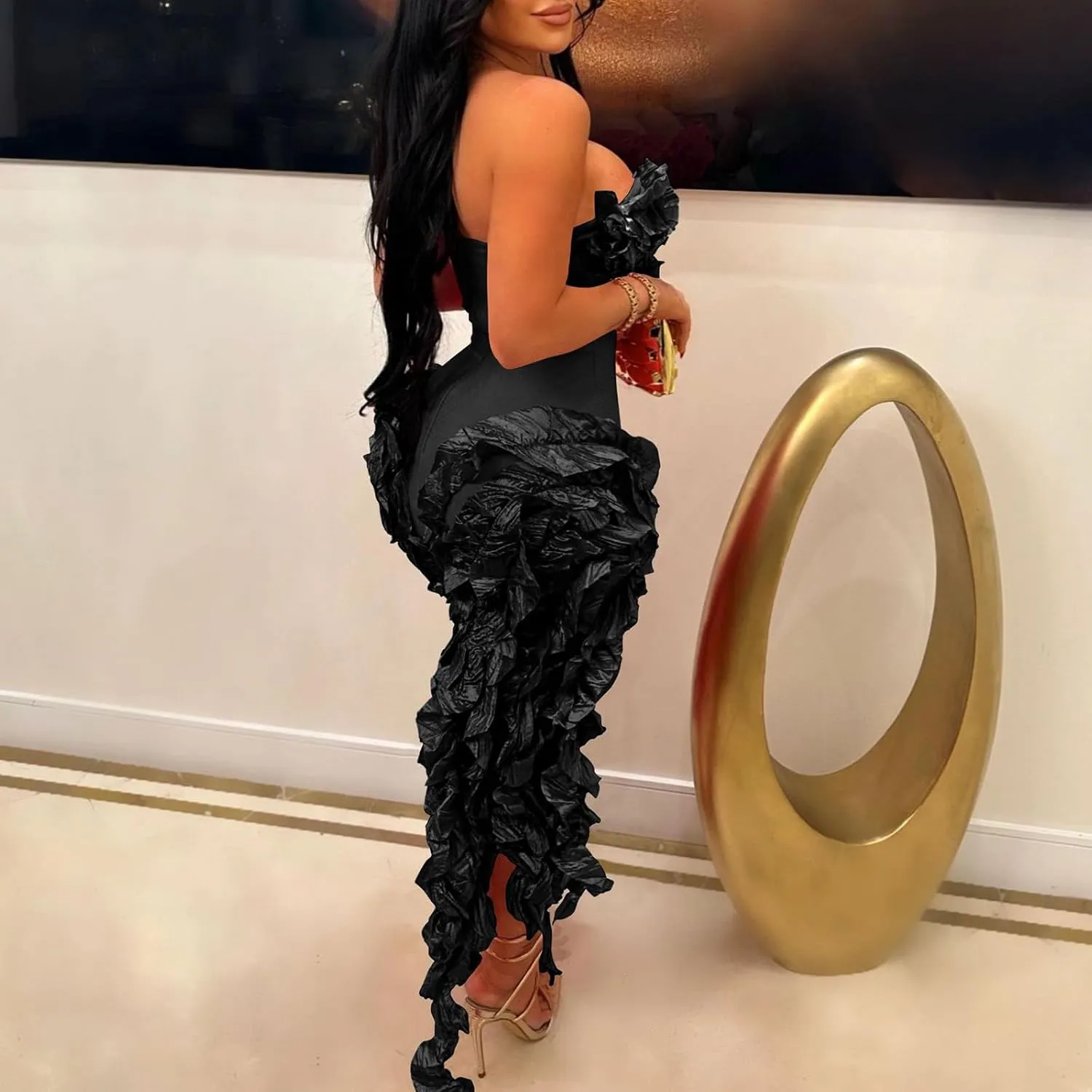 Women Sexy Strapless Bodycon Dress Ruffle Bandage Fringe Cocktail Dresses Irregular Hem Slim Party Club Mini Dress