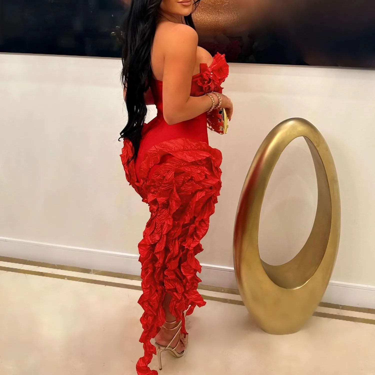 Women Sexy Strapless Bodycon Dress Ruffle Bandage Fringe Cocktail Dresses Irregular Hem Slim Party Club Mini Dress