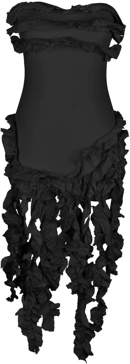 Women Sexy Strapless Bodycon Dress Ruffle Bandage Fringe Cocktail Dresses Irregular Hem Slim Party Club Mini Dress