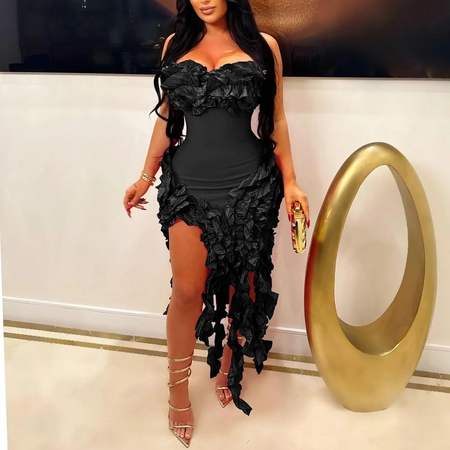 Women Sexy Strapless Bodycon Dress Ruffle Bandage Fringe Cocktail Dresses Irregular Hem Slim Party Club Mini Dress