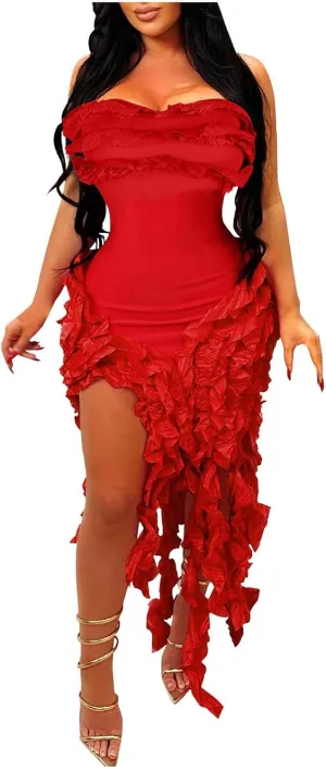 Women Sexy Strapless Bodycon Dress Ruffle Bandage Fringe Cocktail Dresses Irregular Hem Slim Party Club Mini Dress
