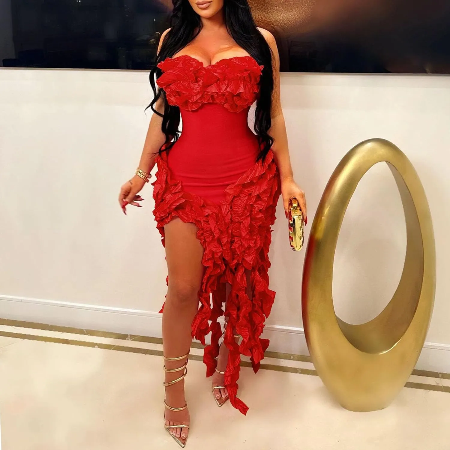 Women Sexy Strapless Bodycon Dress Ruffle Bandage Fringe Cocktail Dresses Irregular Hem Slim Party Club Mini Dress