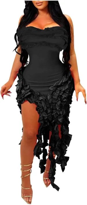 Women Sexy Strapless Bodycon Dress Ruffle Bandage Fringe Cocktail Dresses Irregular Hem Slim Party Club Mini Dress