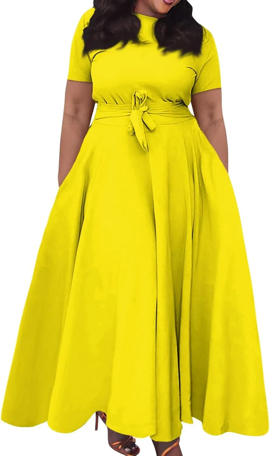 Women Spring High Waist Short Sleeve Casual Solid Color Round Neck Drawstring Swing Big Hem Maxi Dresses, XL-5XL