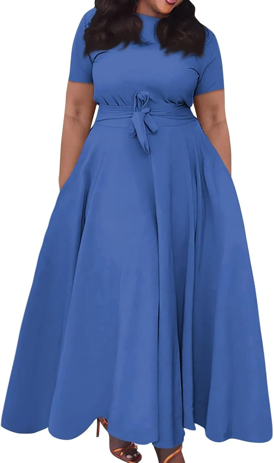 Women Spring High Waist Short Sleeve Casual Solid Color Round Neck Drawstring Swing Big Hem Maxi Dresses, XL-5XL
