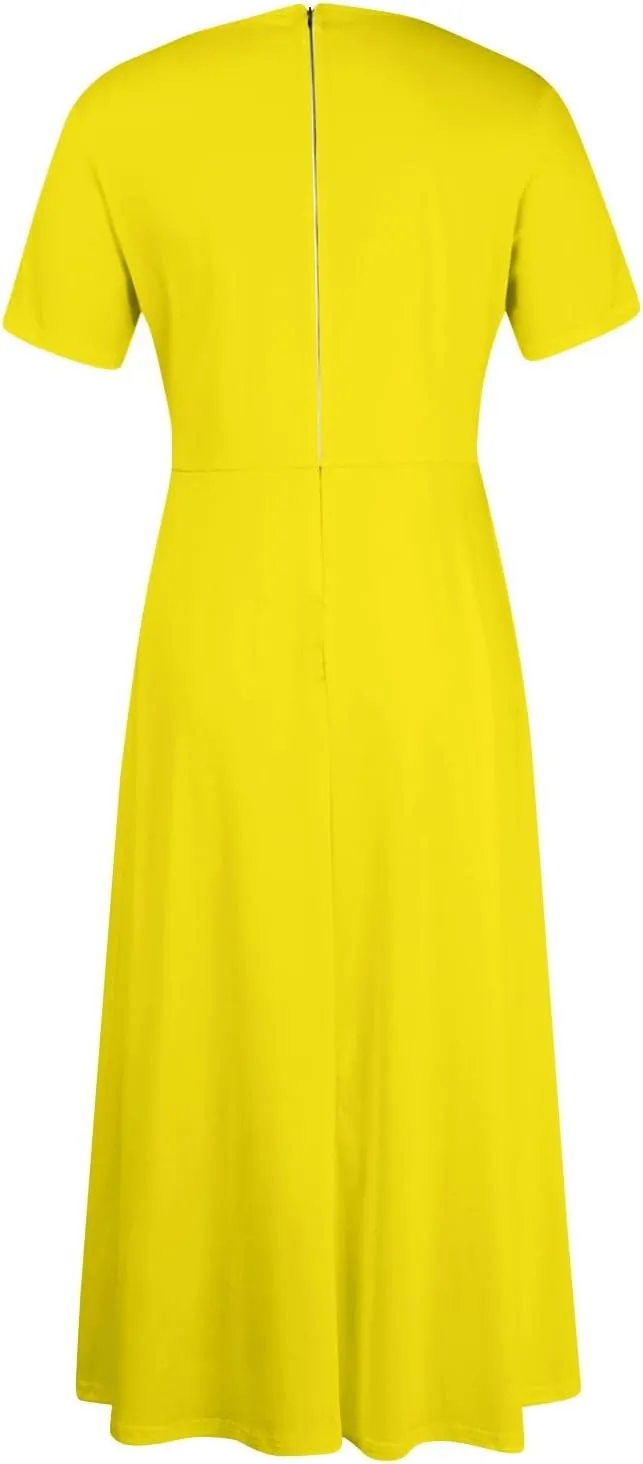 Women Spring High Waist Short Sleeve Casual Solid Color Round Neck Drawstring Swing Big Hem Maxi Dresses, XL-5XL