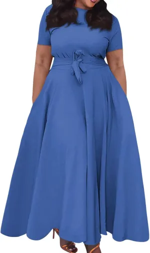 Women Spring High Waist Short Sleeve Casual Solid Color Round Neck Drawstring Swing Big Hem Maxi Dresses, XL-5XL