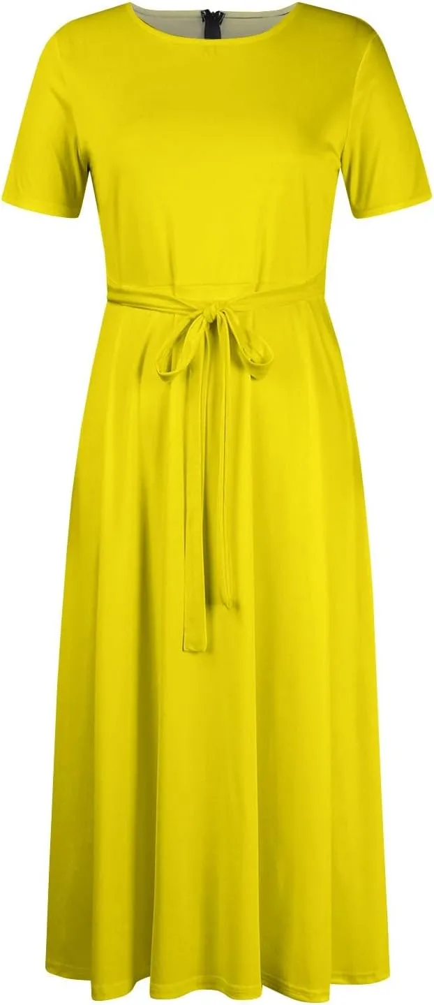 Women Spring High Waist Short Sleeve Casual Solid Color Round Neck Drawstring Swing Big Hem Maxi Dresses, XL-5XL