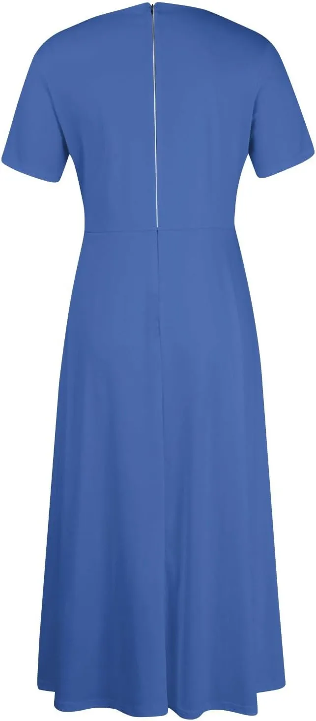 Women Spring High Waist Short Sleeve Casual Solid Color Round Neck Drawstring Swing Big Hem Maxi Dresses, XL-5XL