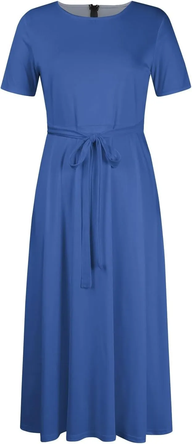 Women Spring High Waist Short Sleeve Casual Solid Color Round Neck Drawstring Swing Big Hem Maxi Dresses, XL-5XL