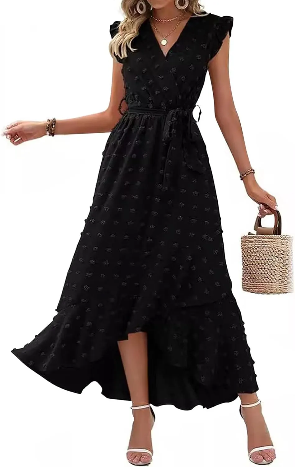 Women Summer Casual Dresses Wrap V Neck Ruffle Sleeveless Split Hem Flowy Midi Dress with Belt Swiss Polka Dot