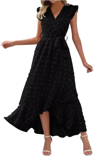 Women Summer Casual Dresses Wrap V Neck Ruffle Sleeveless Split Hem Flowy Midi Dress with Belt Swiss Polka Dot