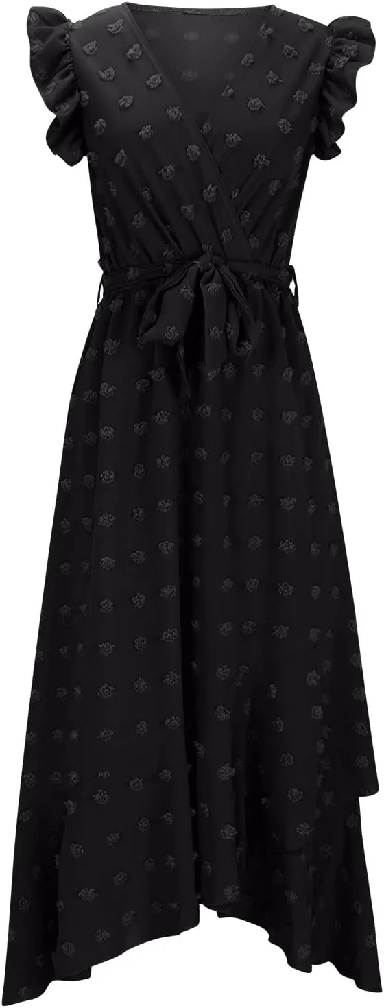 Women Summer Casual Dresses Wrap V Neck Ruffle Sleeveless Split Hem Flowy Midi Dress with Belt Swiss Polka Dot