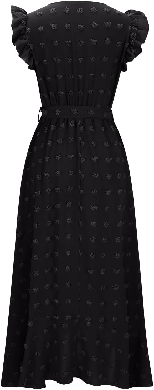 Women Summer Casual Dresses Wrap V Neck Ruffle Sleeveless Split Hem Flowy Midi Dress with Belt Swiss Polka Dot
