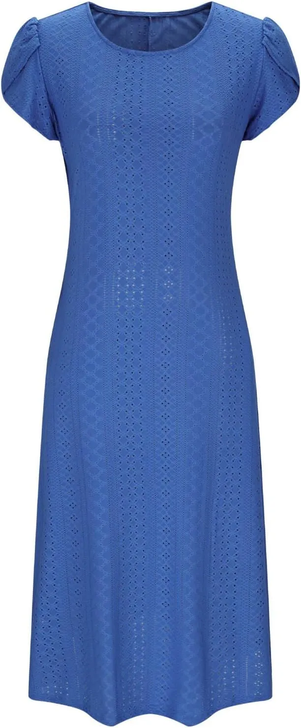 Women Summer Eyelet Dress Casual Petal Short Sleeve Crew Neck Maxi Dresses Loose Tunic Sun Dress with Pockets