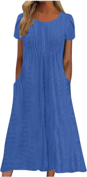 Women Summer Eyelet Dress Casual Petal Short Sleeve Crew Neck Maxi Dresses Loose Tunic Sun Dress with Pockets