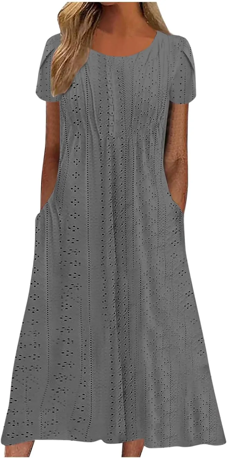 Women Summer Eyelet Dress Casual Petal Short Sleeve Crew Neck Maxi Dresses Loose Tunic Sun Dress with Pockets