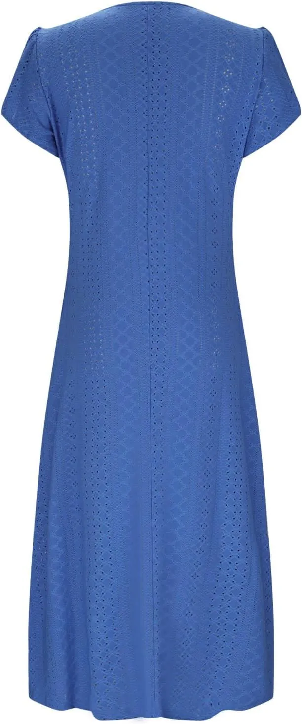 Women Summer Eyelet Dress Casual Petal Short Sleeve Crew Neck Maxi Dresses Loose Tunic Sun Dress with Pockets