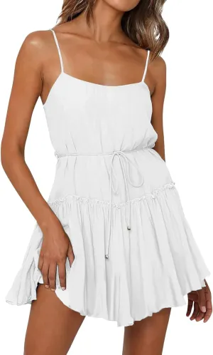 Women Swimwear Sundress Modest Swim Mini Camisole Skirt Dress Waist Tiered Ruffle Casual Suit Trendy Beach Summer