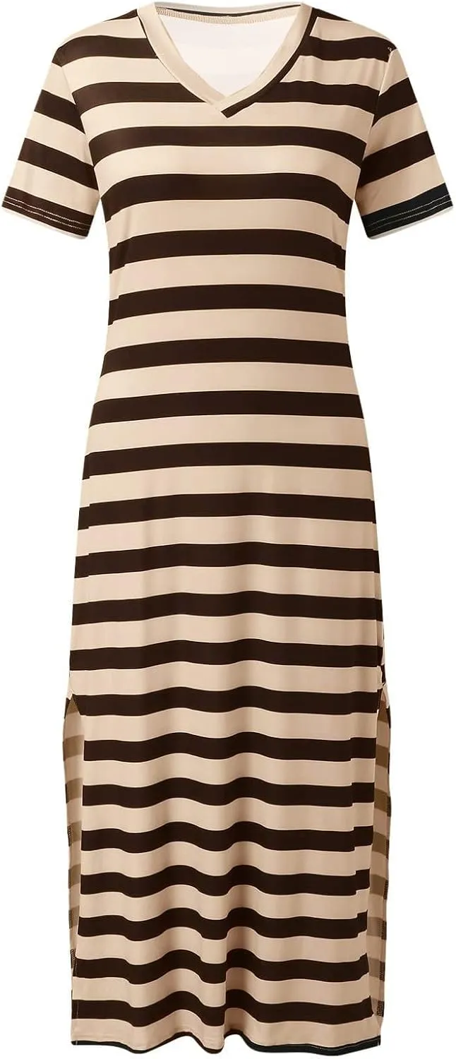 Womens 2024 Casual Maxi Dress Trendy Short Sleeve V Neck High Split Stripe Sundress Summer Long Beach Tshirt Dresses