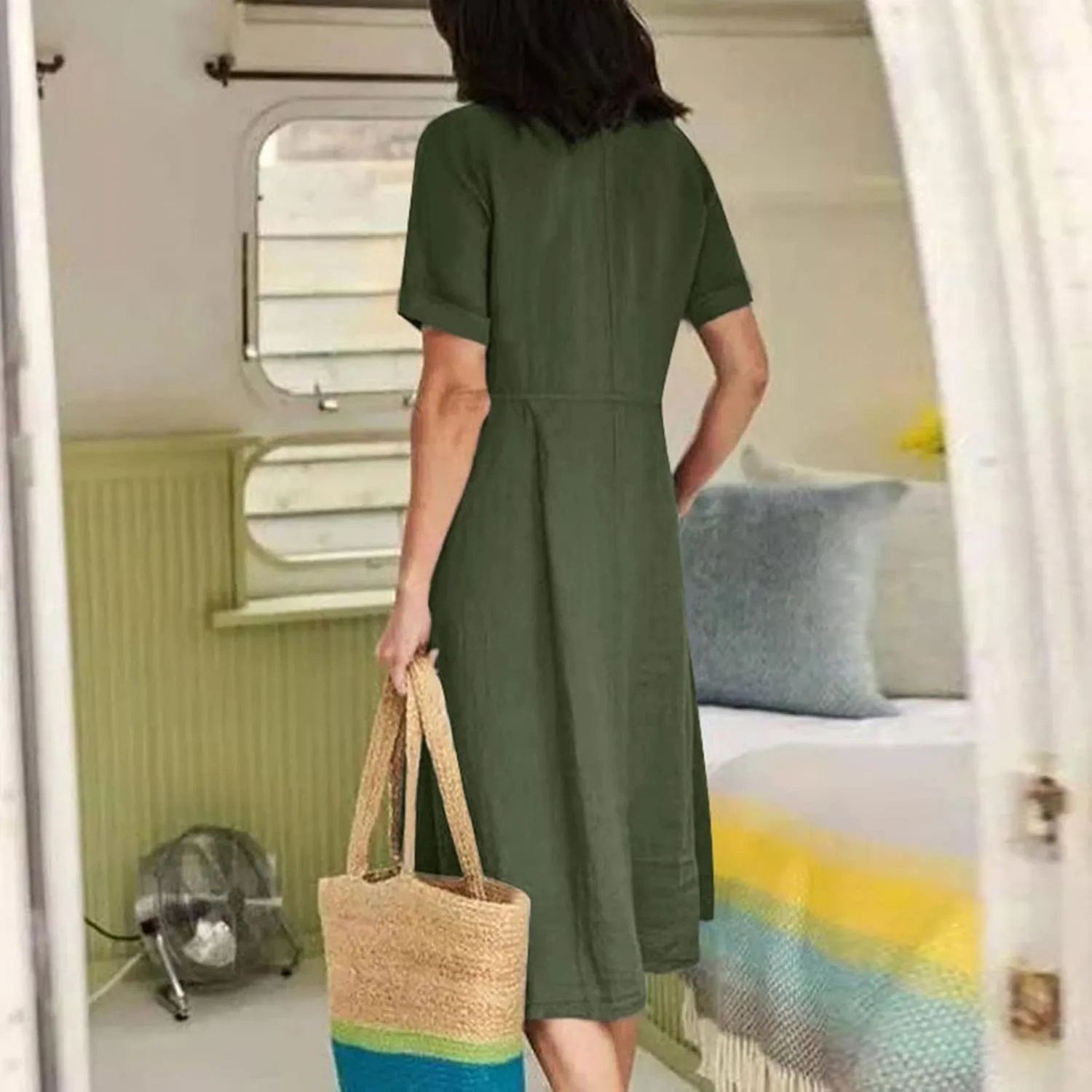 Womens Button Down Cotton Linen Empire Waist Dress Summer Trendy V Neck Short Sleeve Elegant Midi A-Line Dresses