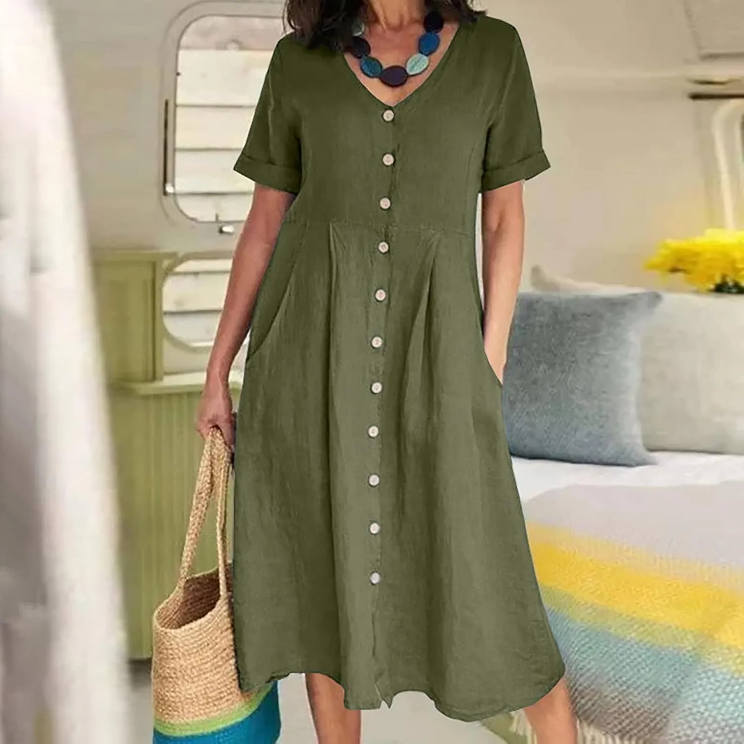 Womens Button Down Cotton Linen Empire Waist Dress Summer Trendy V Neck Short Sleeve Elegant Midi A-Line Dresses