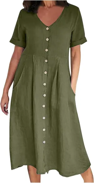 Womens Button Down Cotton Linen Empire Waist Dress Summer Trendy V Neck Short Sleeve Elegant Midi A-Line Dresses