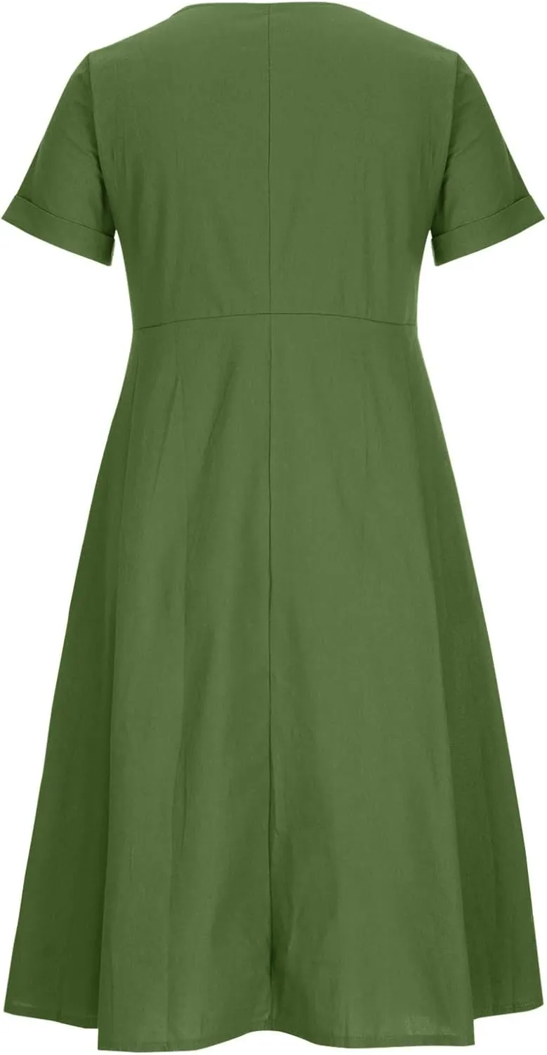 Womens Button Down Cotton Linen Empire Waist Dress Summer Trendy V Neck Short Sleeve Elegant Midi A-Line Dresses