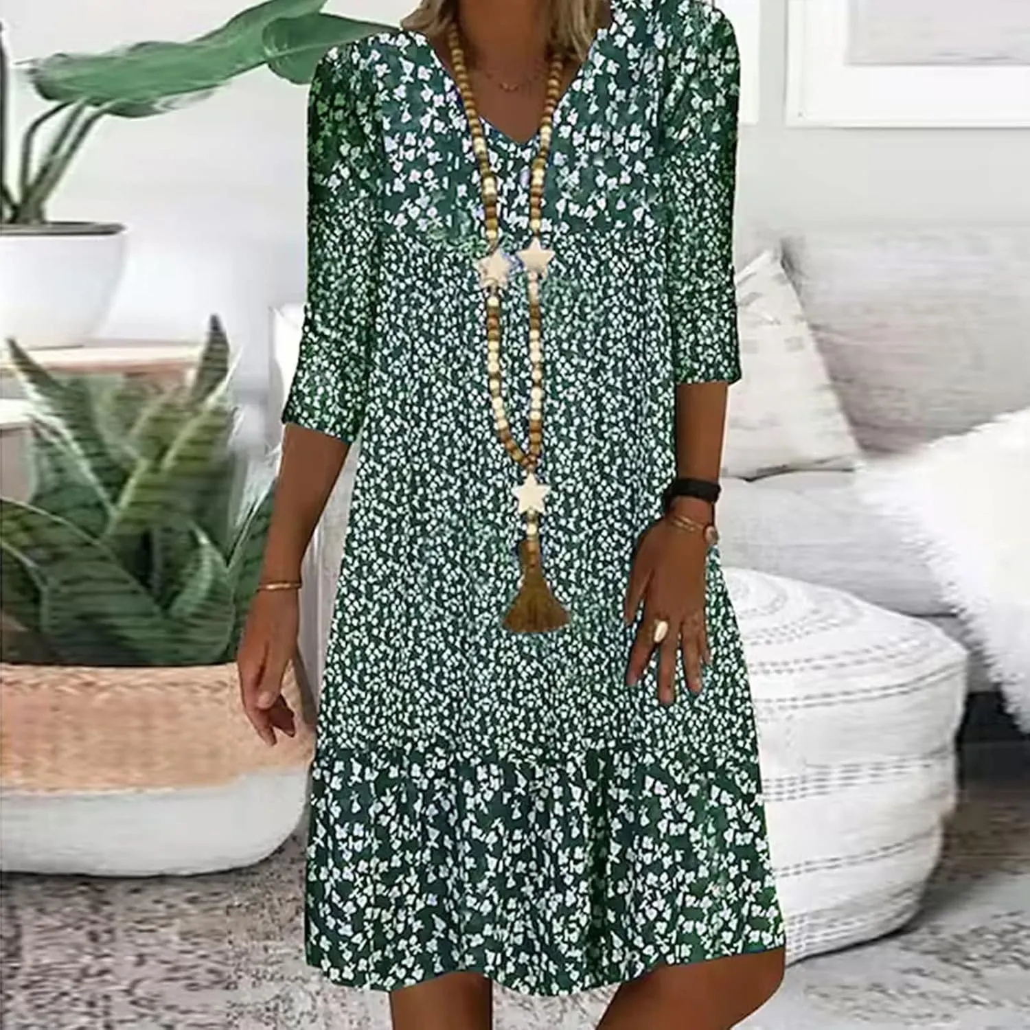 Womens Casual Dress Fashion Summer 3/4 Sleeve T-Shirt Dresses Plus Size V-Neck Loose Flowy Floral Beach Sundress