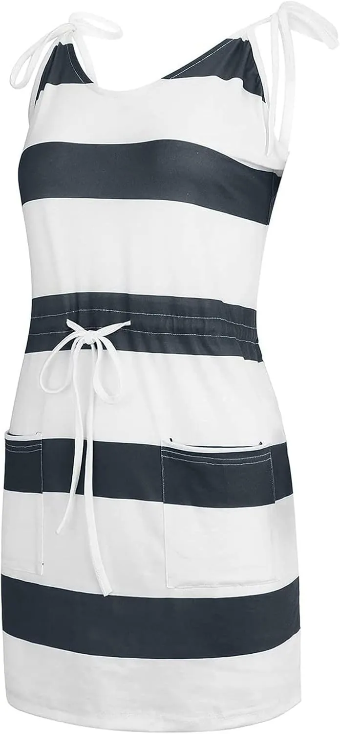 Women's Casual Dresses 2025 Summer Vacation A-Line Stripes Mini Dresses V-Neck Sleeveless Mini Dresses with Pockets
