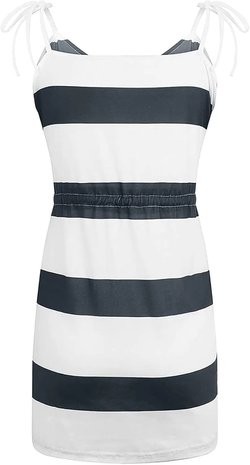 Women's Casual Dresses 2025 Summer Vacation A-Line Stripes Mini Dresses V-Neck Sleeveless Mini Dresses with Pockets