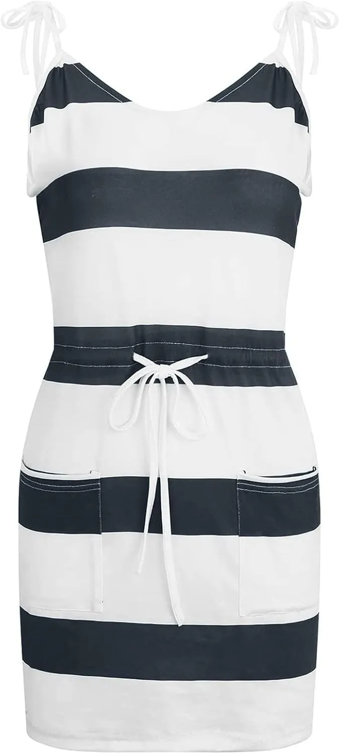 Women's Casual Dresses 2025 Summer Vacation A-Line Stripes Mini Dresses V-Neck Sleeveless Mini Dresses with Pockets