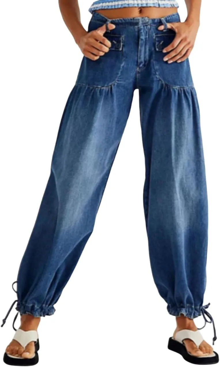 Women's Casual Mid Waist Cargo Jeans Stretch Parachute Denim Pants with Pockets