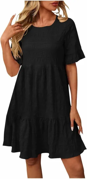 Women's Casual Tiered Dress Crew Neck Ruffle Short Sleeve Knee Length Sundress Swing Mini A-Line Dresses