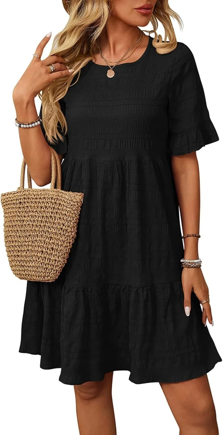 Women's Casual Tiered Dress Crew Neck Ruffle Short Sleeve Knee Length Sundress Swing Mini A-Line Dresses