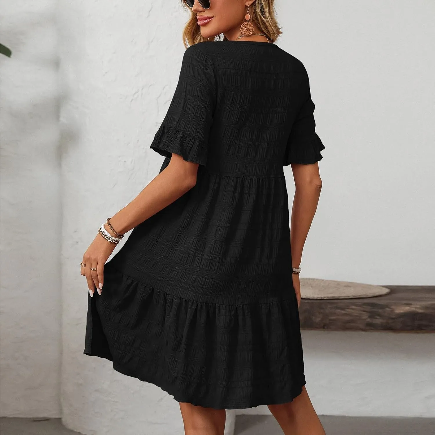 Women's Casual Tiered Dress Crew Neck Ruffle Short Sleeve Knee Length Sundress Swing Mini A-Line Dresses